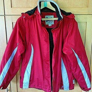 Women's Jacket Windbreaker Red Size Large Hood Fleece Lined Zip Up Front Coat